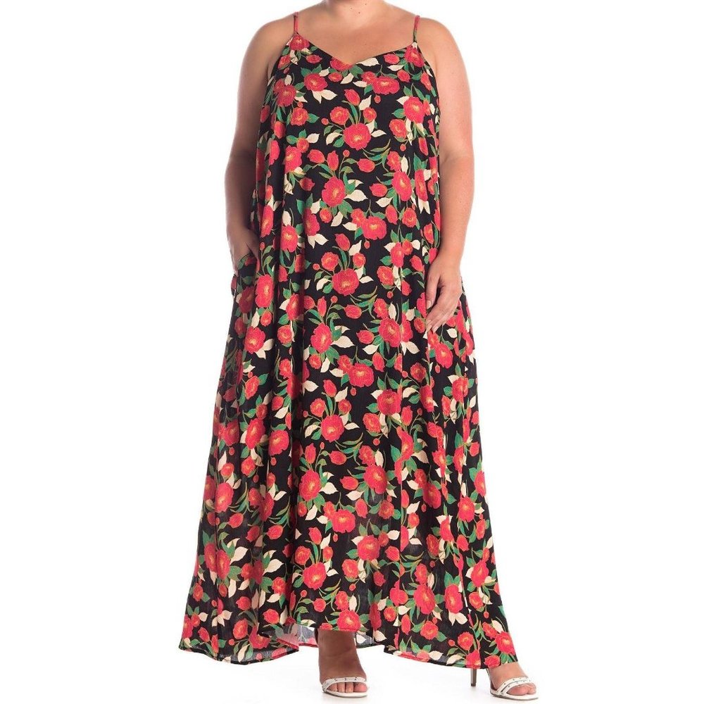 West Kei Nordstrom black red floral v-neck sleeveless maxi dress extra large